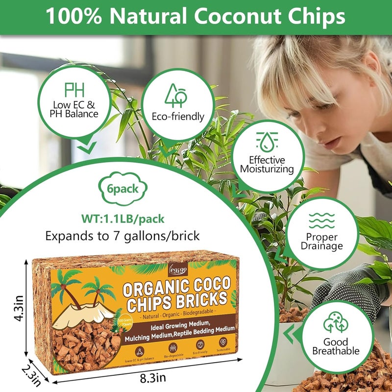 Legigo 6 Pack Coco Coir Chips for Plants- 6.6 LB 100% Organic Coconut Chips Brick Potting Mix with Low EC & PH Balance, Coconut Husk Substrate Coco Husk Mulch for Garden, Planting, Orchid and Soil Mix - Image 2